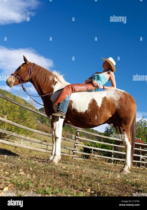 USA, Colorado, Cowgirl relaxing with horse on ranch Stock Photo - Alamy