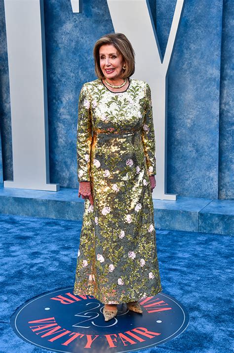 Nancy Pelosi Goes for Gold at Vanity Fair Oscars Party in Floral Dress