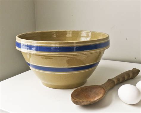 Vintage Stoneware Mixing Bowl, Blue Stripe Mixing Bowl, Crock Mixing Bowl, Rustic Farmhouse ...