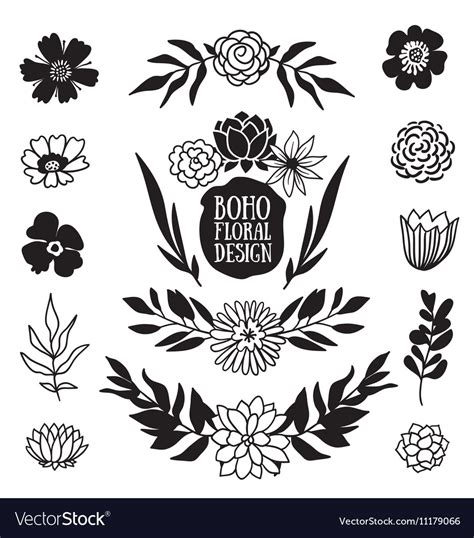 Boho black decorative plants and flowers Vector Image