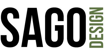 the sago logo is shown in black on a white background with green lettering that reads design