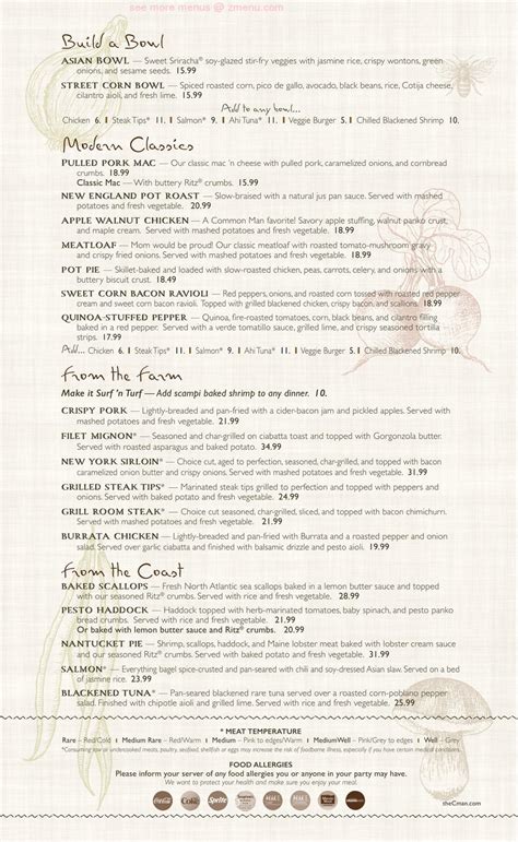 Online Menu of The Common Man Inn Restaurant, Claremont, New Hampshire, 03743 - Zmenu