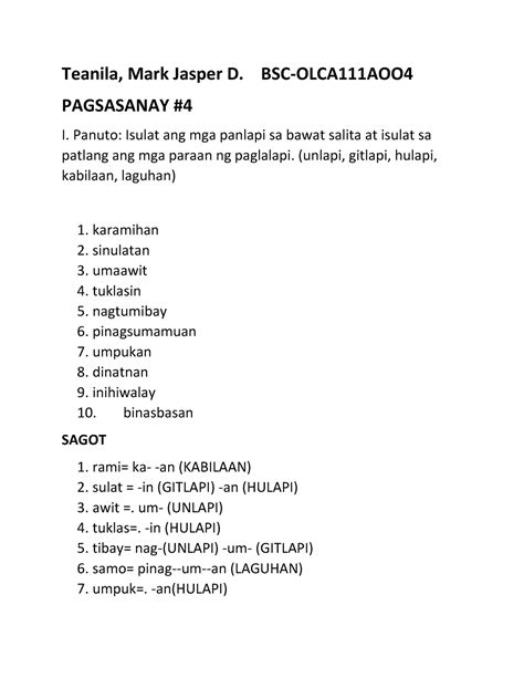 Gawain 4 - filipino - Teanila, Mark Jasper D. BSC-OLCA111AOO PAGSASANAY I. Panuto: Isulat ang ...