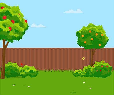 Sunny Back Yard With Green Lawn Fence Fruit Trees Vector Flat Illustration Stock Illustration ...