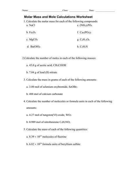 Molar Mass and Mole Calculations Worksheet