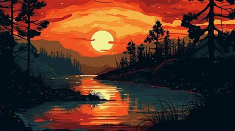 Premium AI Image | Sunset Lake Forest Pixel Artwork By Becky Cloonan In 8k Resoluti