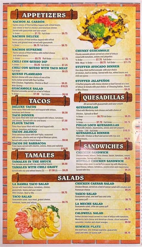 Online Menu of La Bamba Mexican Grill, Caldwell, TX