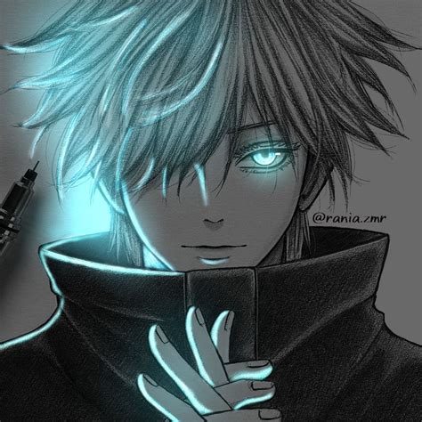 an anime character with blue eyes holding a cell phone in his hand and looking at the camera