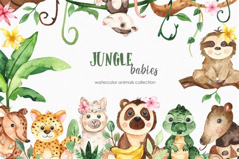 Watercolor jungle babies animals. Clipart, frames, cards, patterns By Marina Ermakova ...