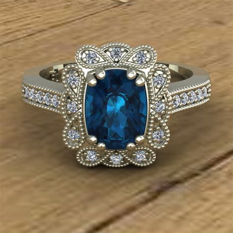 London Blue Topaz Ring Antique Cushion Diamond Halo