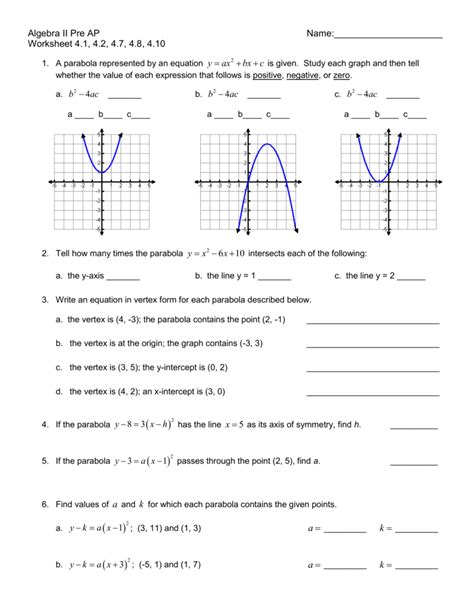 Parabola Worksheet Math Aids