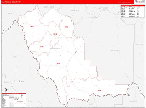 Beaverhead County, MT Zip Code Wall Map Red Line Style by MarketMAPS - MapSales.com