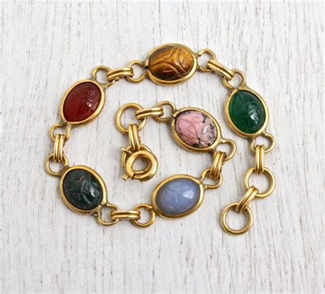 Vintage Scarab Bracelet - 12K Yellow Gold Filled Semi Precious Stone Egyptian Revival Jewelry ...