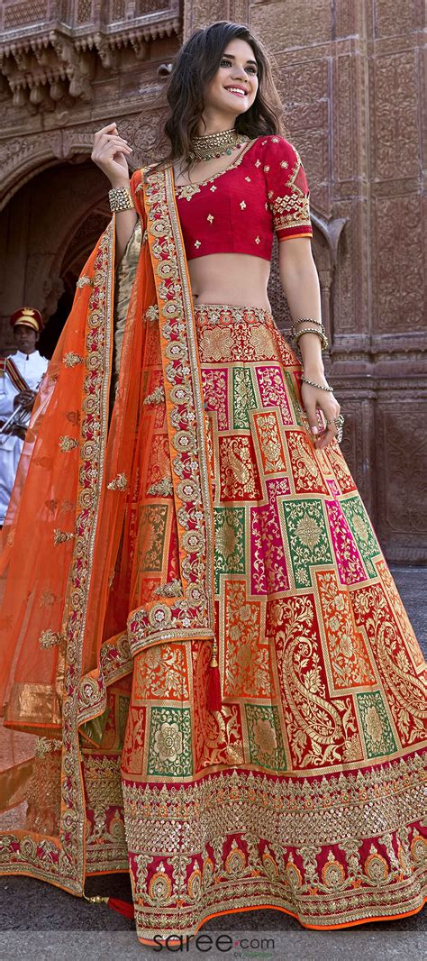 Red and orange banarasi silk lehenga choli with embroidered border | Indian bridal dress, Dress ...