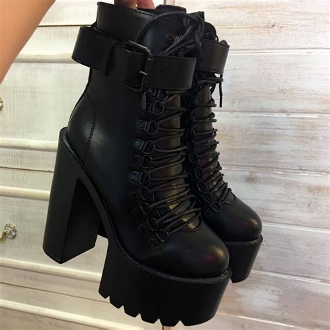 Black Square Heels Platform Boots Ankle Boots Female Lace Up Women Shoes Fashion · Eoooh ...