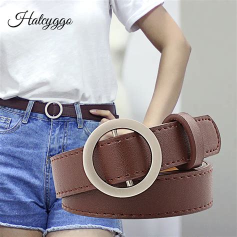 HATCYGGO Fashion Women's Leather Belt Female Round Buckle Wide belts for women Top quality strap ...