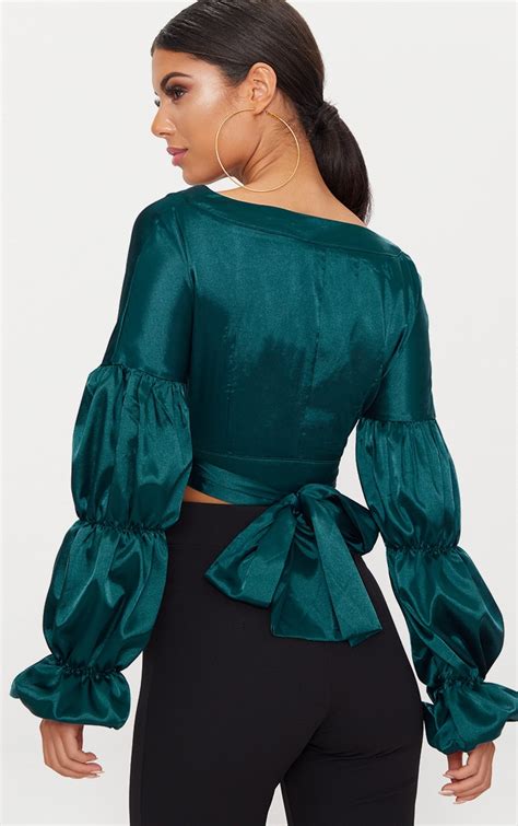 Emerald Green Puff Sleeve Tie Waist Satin Blouse | PrettyLittleThing CA