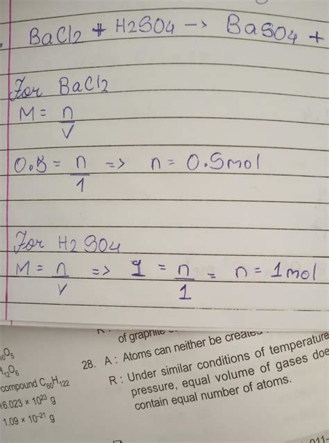 the maximum amount of baso4 precipitated on mixing bacl2(0.5M) with h2so4 (1M) will correspond ...