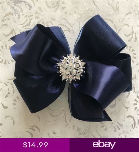 NAVY BLUE satin & organza hair bow rhinestone BIG 5 inch Christmas ...