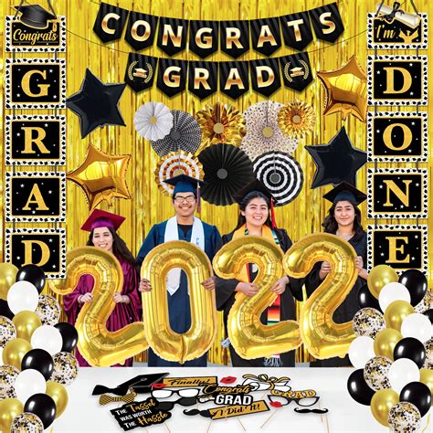 Huge Black and Gold Graduation Decorations 2022 Set - Big Pack of 75 | Congrats Grad Banner ...