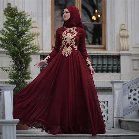 Modest Arabic Muslim Evening Dresses Burgundy A line Chiffon Gold ...