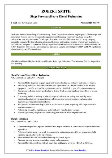 Diesel Technician Resume Samples | QwikResume