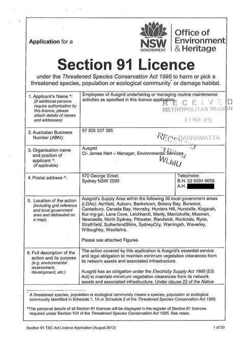 Section 91 Licence Under the Threatened Species Conservation Act 1995 to Harm Or Pick a ...