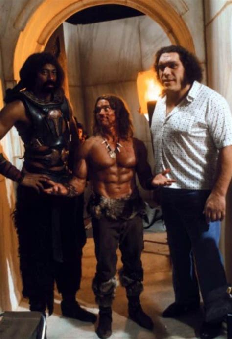 Arnold Schwarzenegger, Wilt Chamberlain and Andre the Giant on the set ...