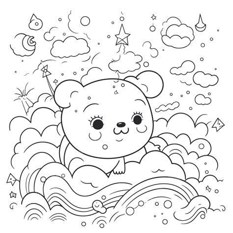 Cute Bear Coloring Book With The Clouds And Starry Sky Outline Sketch Drawing Vector ...