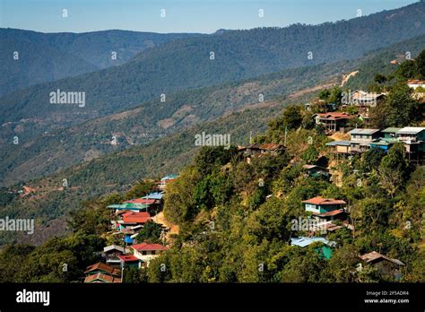 Houses on slope in mountains, Mindat, Chin State, Myanmar Stock Photo ...