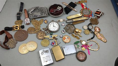 VINTAGE ANTIQUE JUNK DRAWER LOT COLLECTIBLES JEWELRY MASONIC LIGHTERS MILITARY -- Antique Price ...