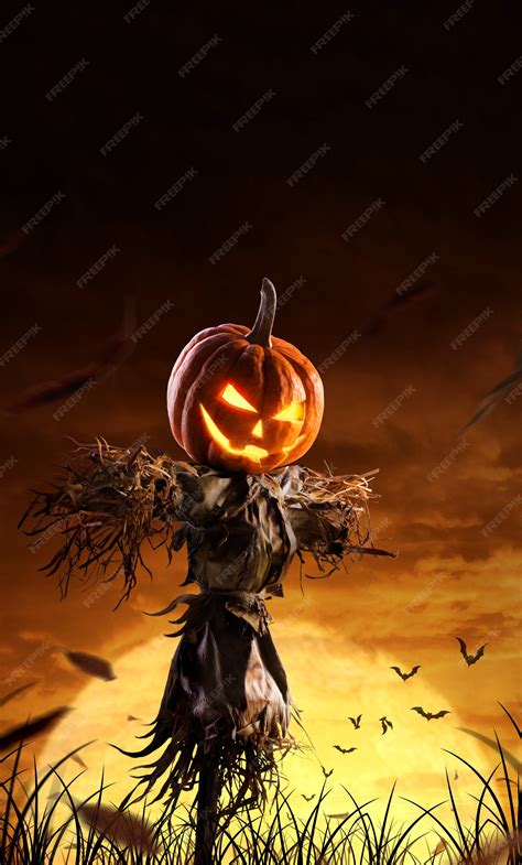 Premium Photo | Halloween pumpkin scarecrow on a wide field with the ...