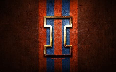 Illinois Fighting Illini, golden logo, NCAA, orange metal background ...