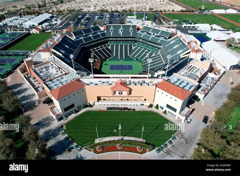 An aerial view of Stadium 1 at the Indian Wells Tennis Garden, Friday, Feb. 25, 2022, in Indian ...