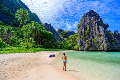 Girl at Hidden Beach in Matinloc Island, El Nido, Palawan, Philippines - Paradise Lagoon and ...