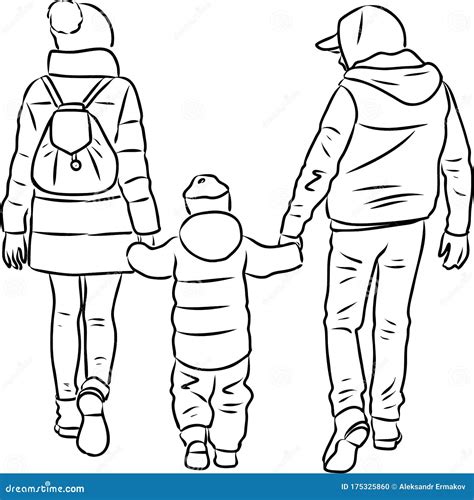 Vector Drawing of Young Parents with Their Child Walking on a Stroll ...