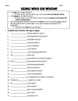 Who or Whom? Worksheet & Answer Key by Robert's Resources | TPT