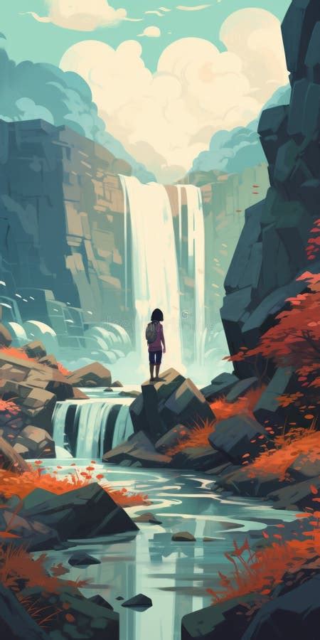 Anime-inspired Abstract Waterfall Scene with Rhads and Pixel Art Stock ...