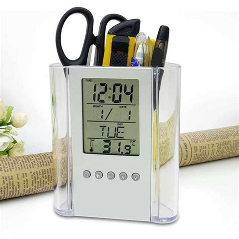 Pen Pencil Holder Digital LCD Desk Alarm Clock Pen Holder Calendar Timer Temperature Desktop ...