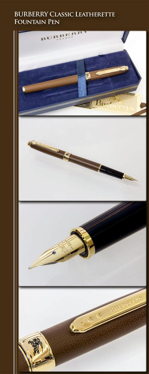 BURBERRY Classic Leatherette Fountain Pen (metal body with faux-leather cover, gold-plated trim ...