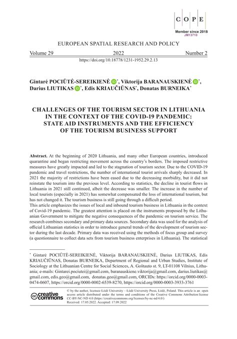 (PDF) Challenges of the tourism sector in Lithuania in the context of the COVID-19 pandemic ...