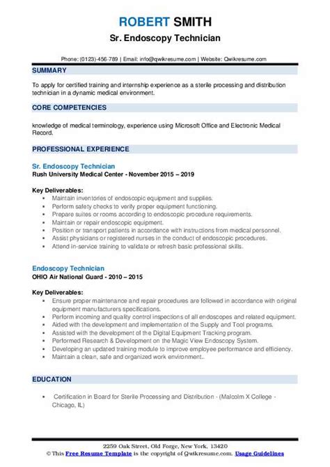 Endoscopy Technician Resume Samples | QwikResume