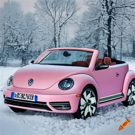 Pink volkswagen new beetle convertible car in winter