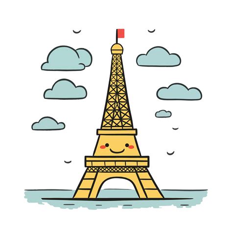 Cute Eiffel tower in Paris. Architecture city symbol of France famous tower. cartoon hand-drawn ...