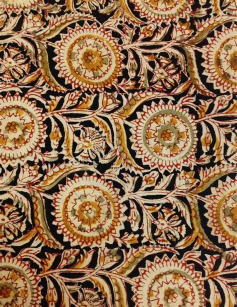 Floral Kalamkari Fabric in Mustard, Black and Red - Indian Cotton ...