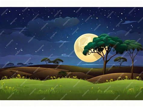 Premium AI Image | Savannah landscape with acacia trees at night