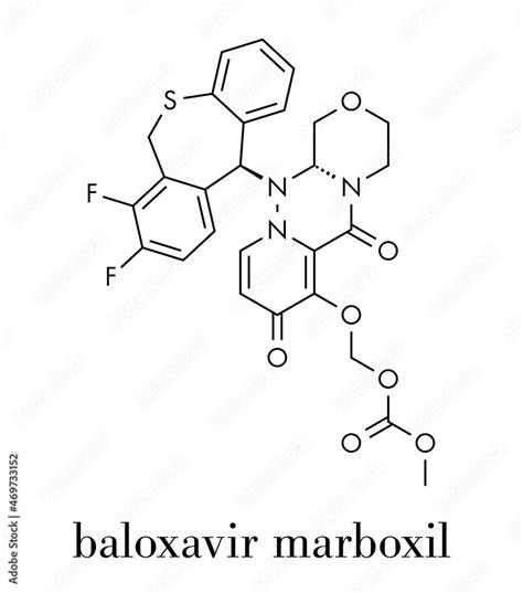 Baloxavir marboxil influenza drug molecule (cap-dependent endonuclease inhibitor). Skeletal ...