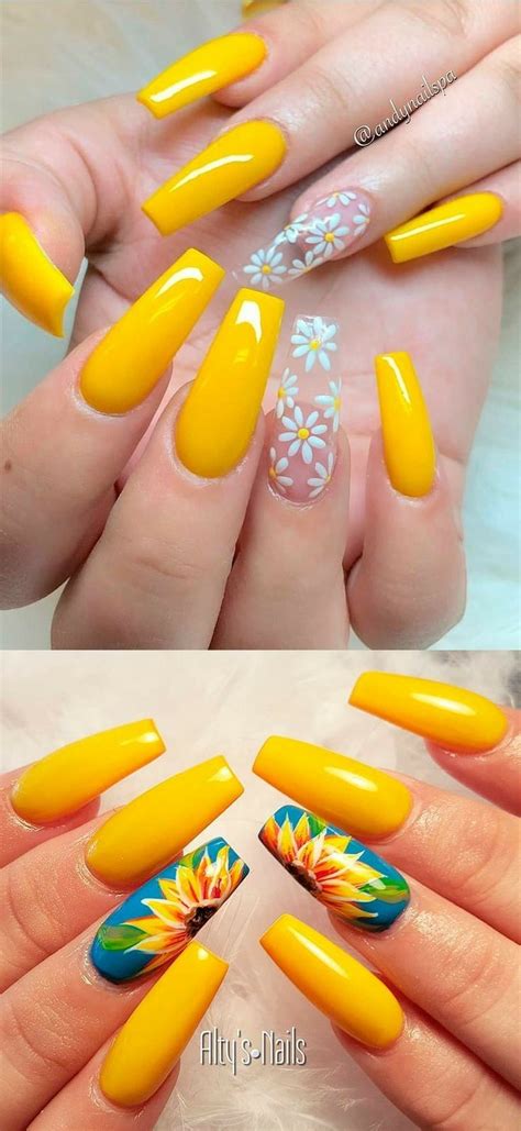 ~Pin: @lov3r4fashi0n💥 | Sunflower nails, Yellow nails design, Acrylic nails