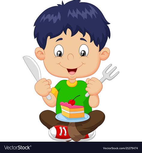 Cartoon boy eating cake isolated on white Vector Image