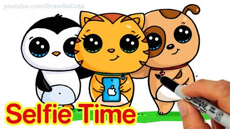 Selfie Time! - EASY How to Draw Penguin, Cat and Dog Friends taking a ...